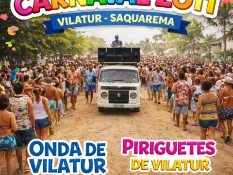 Desfile dos blocos Onda de Vilatur e Piriguetes de Vilatur no Carnaval 2011 em Vilatur, Saquarema, com carro de som e multidão na Avenida Praia de Itaúna.