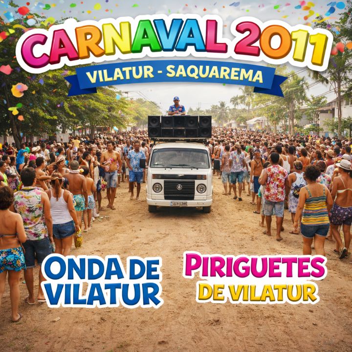 Desfile dos blocos Onda de Vilatur e Piriguetes de Vilatur no Carnaval 2011 em Vilatur, Saquarema, com carro de som e multidão na Avenida Praia de Itaúna.