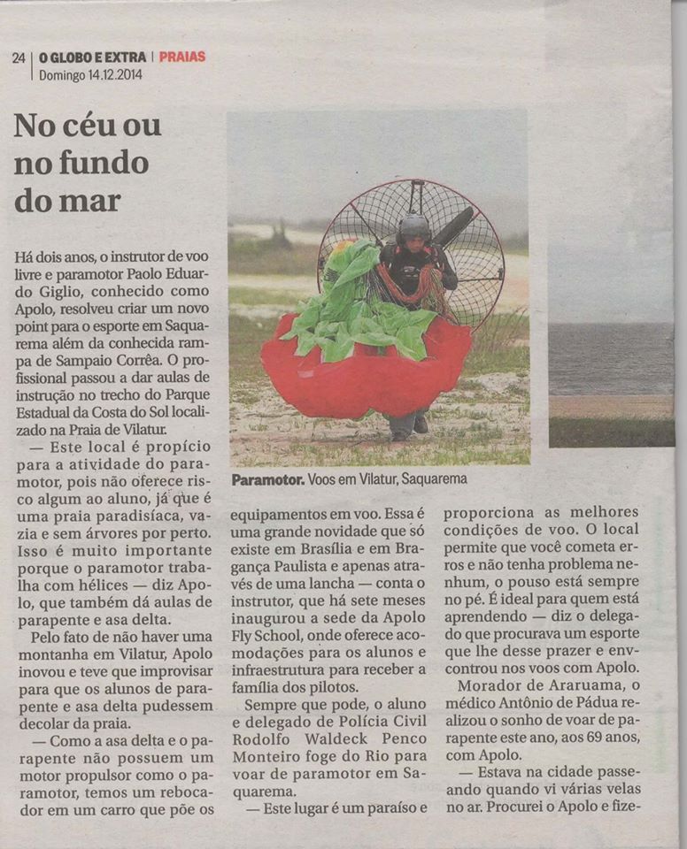 Reportagem no Globo sobre a prática do Paramotor em Vilatur (Saquarema).