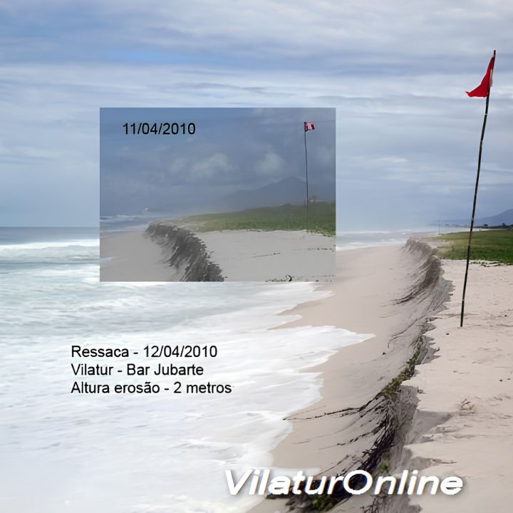 Forte ressaca atinge a praia de Vilatur (Saquarema/RJ) em 11/04/2010 Ondas grandes e violentas estourando na orla da Praia de Vilatur durante a forte ressaca de abril de 2010, com espuma do mar cobrindo a areia.