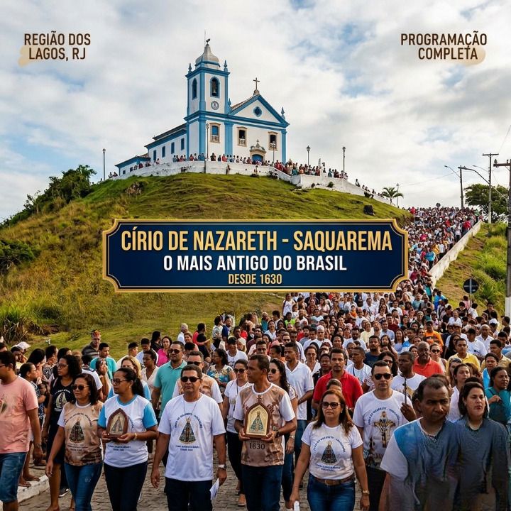 Círio de Nazareth 2026 em Saquarema: Programação Completa do Mais Antigo do Brasil Fotografia aérea da procissão do Círio de Nazareth subindo o morro em direção à Igreja Matriz de Saquarema, Rio de Janeiro. Uma multidão caminha por um caminho sinuoso na grama sob um céu azul, emoldurada por uma borda decorativa dourada com texto sobre o evento.