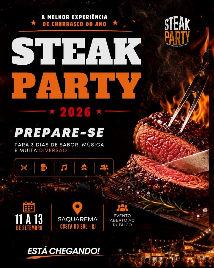 Steak Party Saquarema 2026: Guia Completo do Festival de Churrasco com Entrada Gratuita Flyer do Steak Party Saquarema 2026.