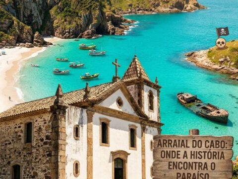 História de Arraial do Cabo: Segredos, Naufrágios e Piratas no Caribe Brasileiro "Uma imagem quadrada de Arraial do Cabo, mostrando uma antiga igreja colonial de pedra no primeiro plano. Ao fundo, uma praia com águas turquesa e barcos de pesca ancorados, com um mastro de naufrágio visível na água, combinando história e belezas naturais."