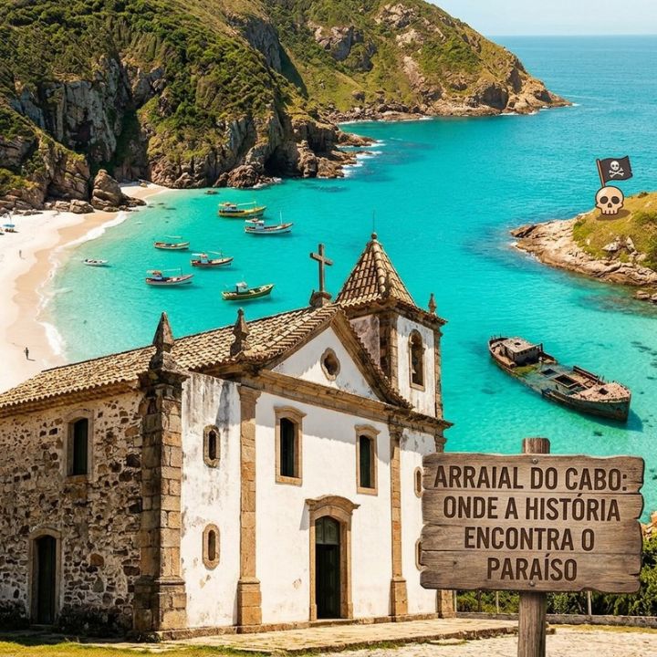 "Uma imagem quadrada de Arraial do Cabo, mostrando uma antiga igreja colonial de pedra no primeiro plano. Ao fundo, uma praia com águas turquesa e barcos de pesca ancorados, com um mastro de naufrágio visível na água, combinando história e belezas naturais."