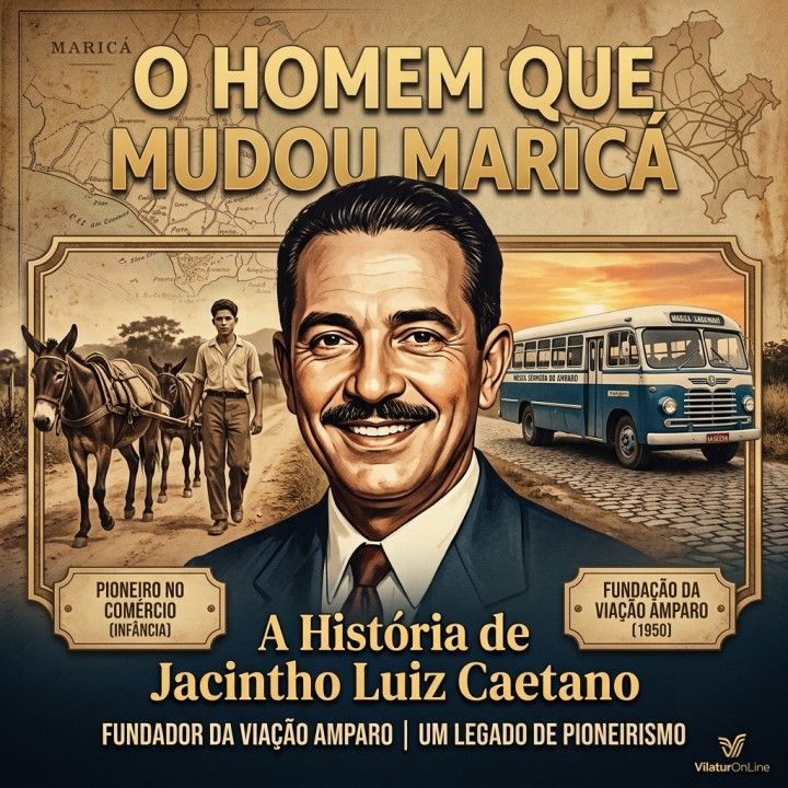 A História de Jacintho Luiz Caetano e a Viação Amparo em Maricá Ilustração vintage de Jacintho Luiz Caetano para o blog VilaturOnLine, acompanhada do título "O Homem que Mudou Maricá" e cenas do seu início na infância e da fundação da Viação Amparo em 1950.