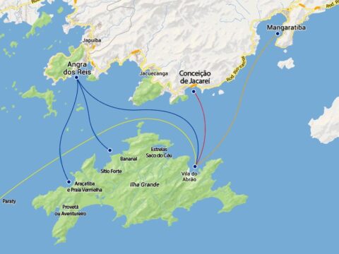 "Mapa mostrando como chegar na Ilha Grande a partir de Angra dos Reis, Mangaratiba e Conceição de Jacareí".