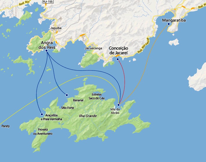 História de Ilha Grande: De Prisão de Segurança Máxima a Paraíso "Mapa mostrando como chegar na Ilha Grande a partir de Angra dos Reis, Mangaratiba e Conceição de Jacareí".