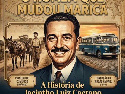 A História de Jacintho Luiz Caetano e a Viação Amparo em Maricá Ilustração vintage de Jacintho Luiz Caetano para o blog VilaturOnLine, acompanhada do título "O Homem que Mudou Maricá" e cenas do seu início na infância e da fundação da Viação Amparo em 1950.