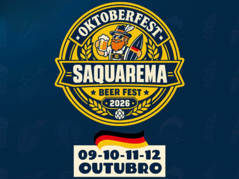 Saquarema Beer Fest 2026: Guia Completo, Shows e Programação Logo oficial do Saquarema Beer Fest 2026 estilo Oktoberfest com data de 09 a 12 de outubro e ilustração de homem segurando caneca de chopp e prancha de surf.