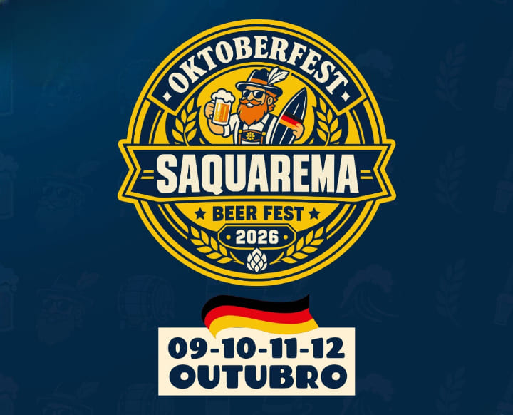 Saquarema Beer Fest 2026: Guia Completo, Shows e Programação Logo oficial do Saquarema Beer Fest 2026 estilo Oktoberfest com data de 09 a 12 de outubro e ilustração de homem segurando caneca de chopp e prancha de surf.